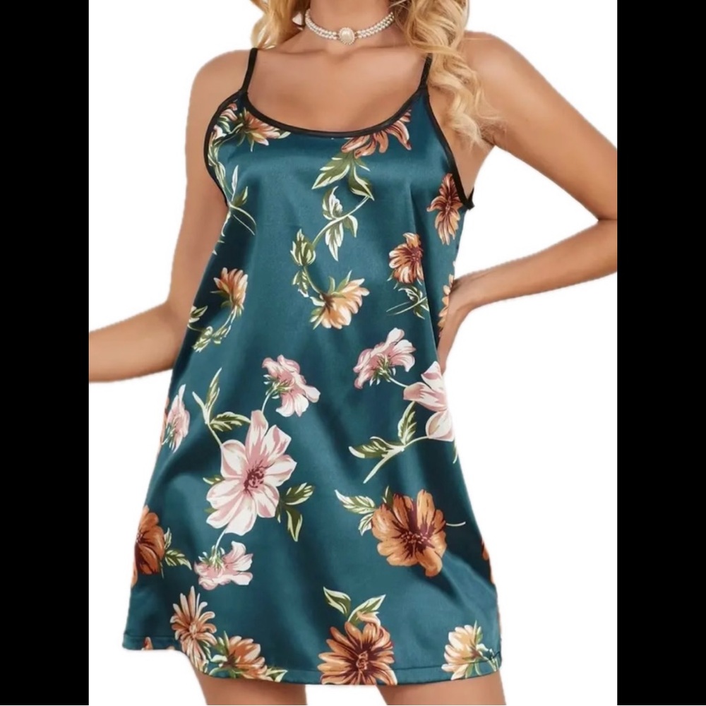 Teal & Floral Cream, Silky, Night Slip